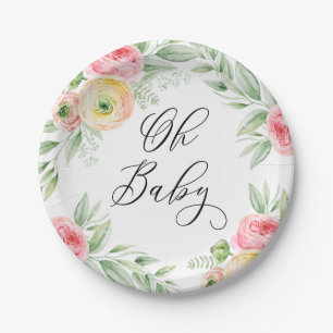 Assiettes En Carton Fleurs de Ranunculus à l'aquarelle Baby Shower de
