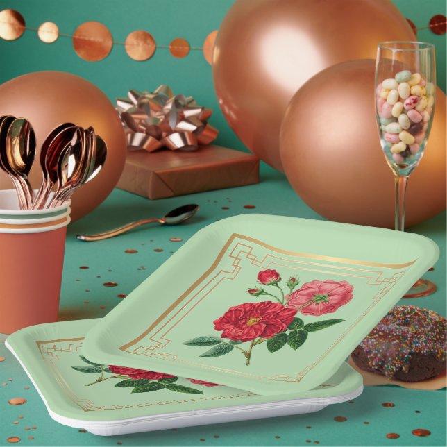 Assiettes En Carton Fleurs de rose rouge (Multi)