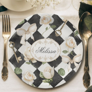 Assiettes En Carton Fleurs de rose vintage en diamant noir et blanc Mo