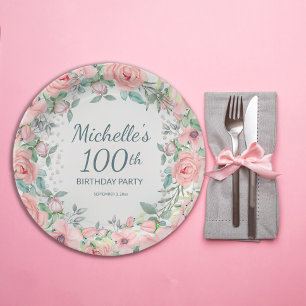 Assiettes En Carton Fleurs de roses aquarelles roses perles 100e anniv