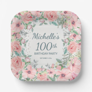 Assiettes En Carton Fleurs de roses aquarelles roses perles 100e anniv
