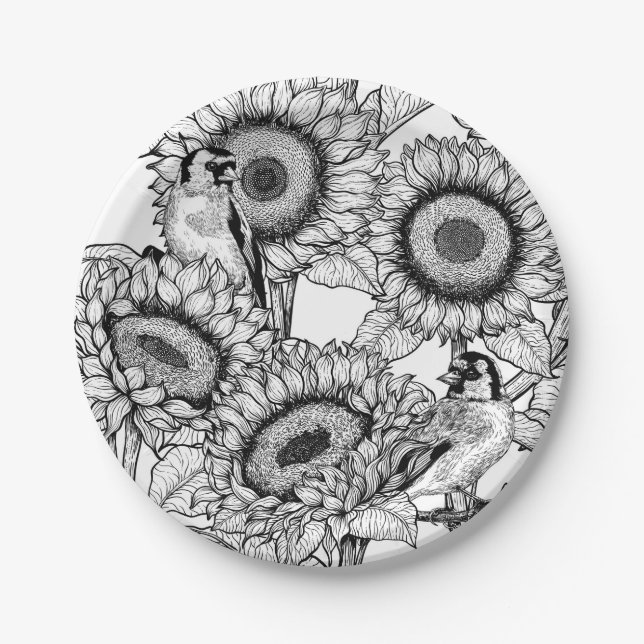 Assiettes En Carton Fleurs de soleil et ailerons en noir et blanc (Devant)