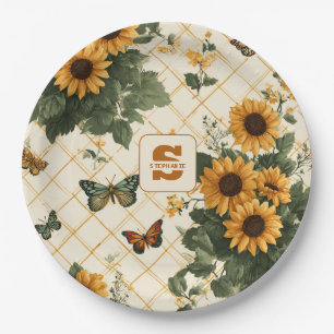 Assiettes En Carton Fleurs de soleil et papillons sur Jaune clair