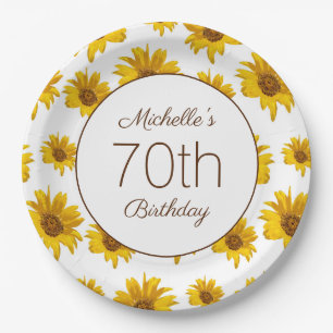 Assiettes En Carton Fleurs de soleil jaunes Blanc 70e anniversaire