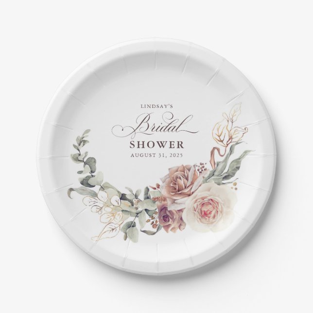 Assiettes En Carton Fleurs de teinte terreuse Élégante douche de marié (Devant)