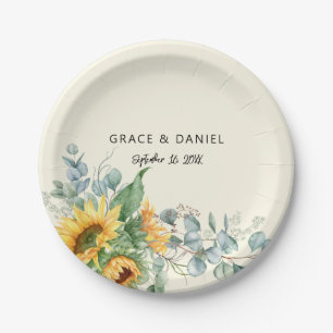 Assiettes En Carton Fleurs de tournesol aquarelle rustique Eucalyptus