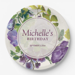 Assiettes En Carton Fleurs de vignes aquarelles violettes Nom Date d'a