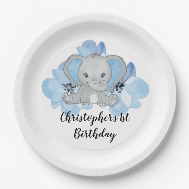 Assiettes En Carton Fleurs d'éléphant bleu garçon bébé Anniversaire  (Devant)