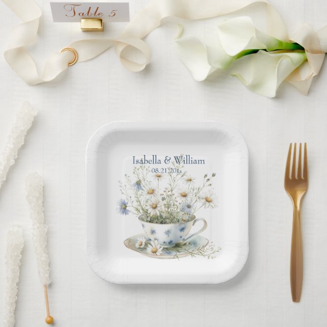 Assiettes En Carton Fleurs denim bleu défraîchi et marron personnalisé (Mariage)