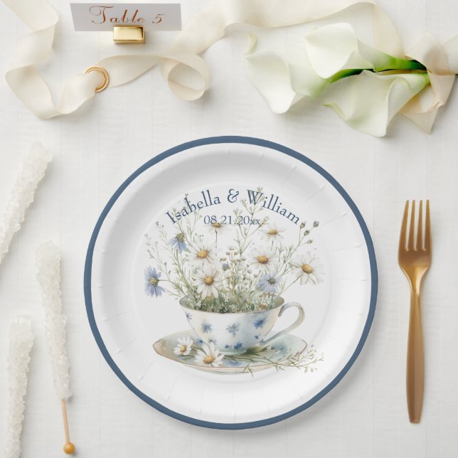 Assiettes En Carton Fleurs denim bleu défraîchi et marron personnalisé (Mariage)