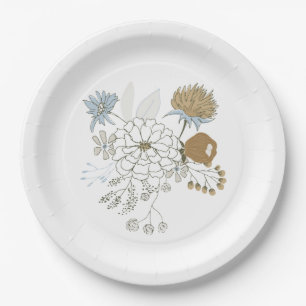 Assiettes En Carton Fleurs d'été gris bleu clair et beige