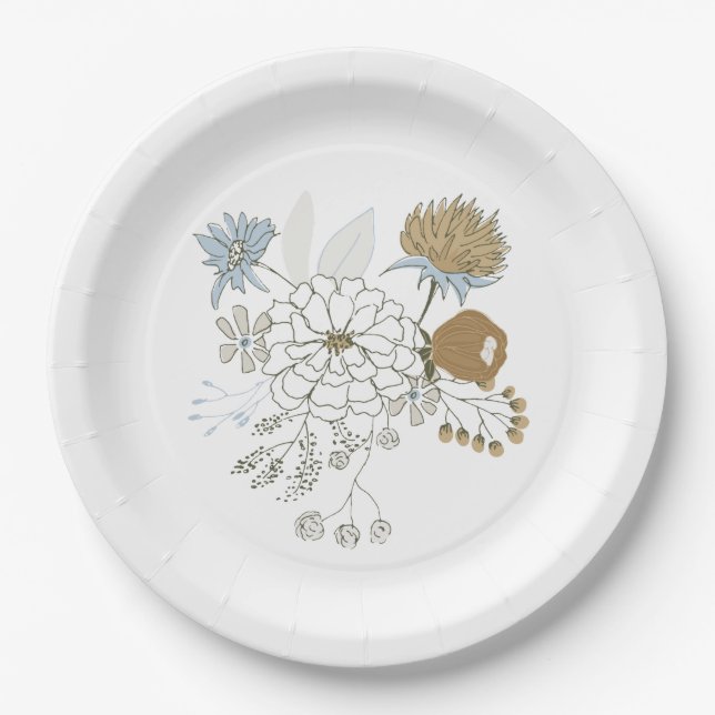 Assiettes En Carton Fleurs d'été gris bleu clair et beige  (Devant)