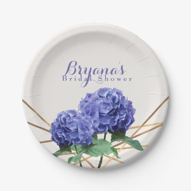 Assiettes En Carton Fleurs d'Hydrangea & Lignes Dorées Élégant sur Mes (Devant)