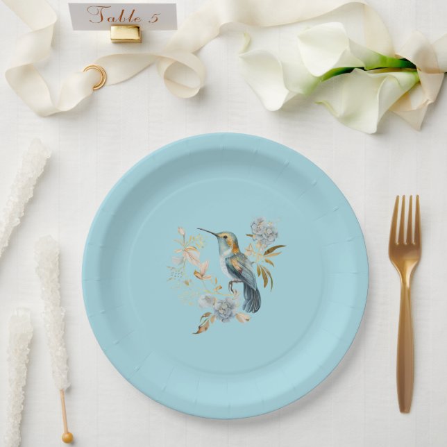 Assiettes En Carton Fleurs d'hydrangée de colibri bleu (Mariage)