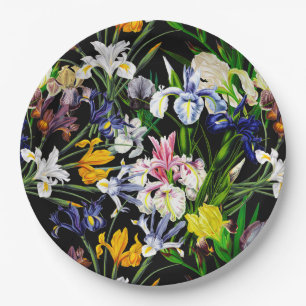 Assiettes En Carton Fleurs d'Iris victoriennes colorées sur Motif noir