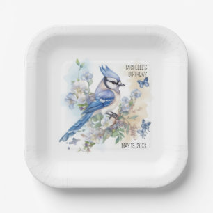 Assiettes En Carton Fleurs d'oiseaux de Jay bleu printemps Anniversair