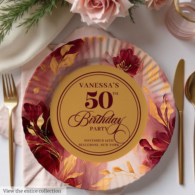 Assiettes En Carton Fleurs d'or blush Burgundy classique 50e anniversa (Classic Burgundy Blush Gold Flowers 50th Birthday Paper Plates )