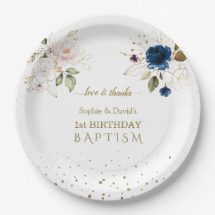 Assiettes En Carton Fleurs d'or rose bleu Jumeaux 1er anniversaire Bap