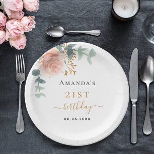 Assiettes En Carton Fleurs d'or rose d'anniversaire eucalyptus nom