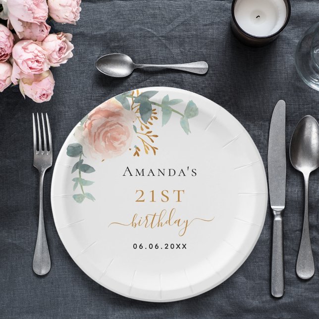 Assiettes En Carton Fleurs d'or rose d'anniversaire eucalyptus nom (Créateur téléchargé)