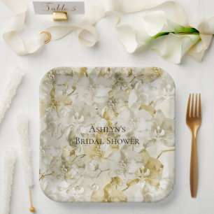 Assiettes En Carton Fleurs d'orchidée crème doré Shower de mariage