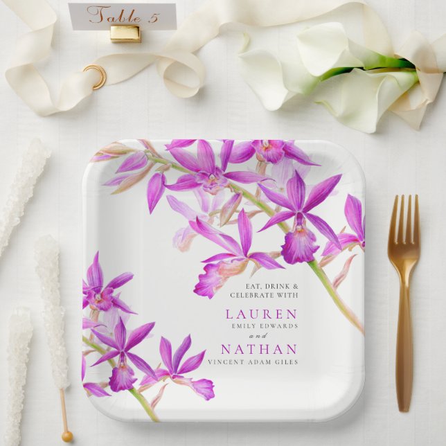 Assiettes En Carton Fleurs d'orchidées violettes aquarelle mariage bot (Mariage)