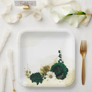 Assiettes En Carton Fleurs dorées et vert émeraude incroyables