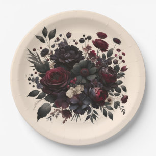 Assiettes En Carton Fleurs Élégantes Crème de Mariage Foncées et Moody