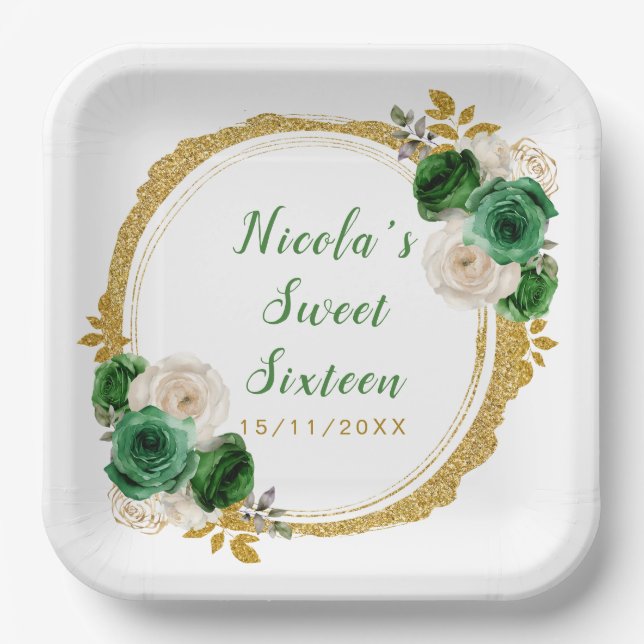 Assiettes En Carton Fleurs élégantes Sweet sixteen vert foncé et or (Recto)
