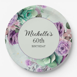 Assiettes En Carton Fleurs élégantes violettes et vert menthe pour 60e