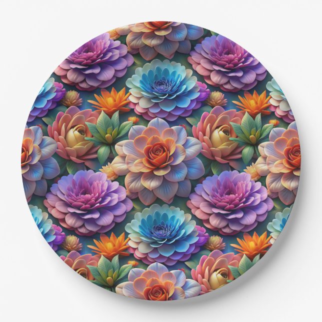 Assiettes En Carton Fleurs en trois D (Devant)