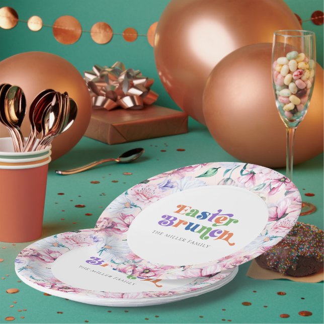 Assiettes En Carton Fleurs esthétiques Brunch de Pâques Typographie ré (Multi)