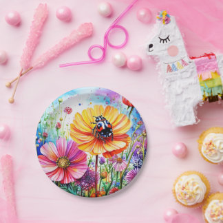 Assiettes En Carton Fleurs et coccinelles