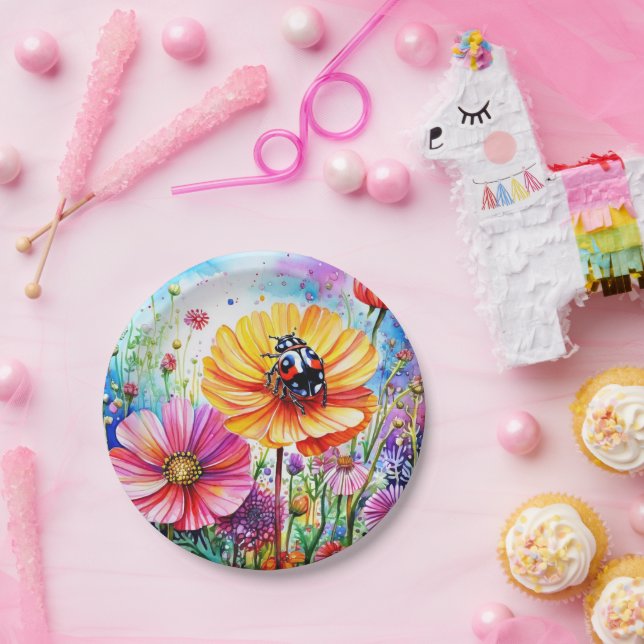 Assiettes En Carton Fleurs et coccinelles (Fête)