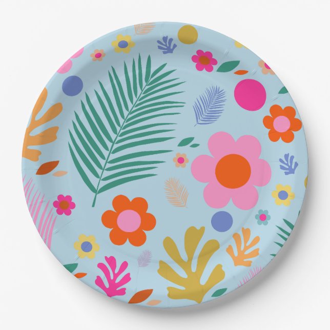 Assiettes En Carton Fleurs Et Feuilles 03 Bleu Et Rose (Devant)