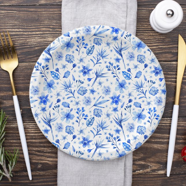 Assiettes En Carton Fleurs et feuilles tropicales bleu cobalt Motif 7" (Créateur téléchargé)