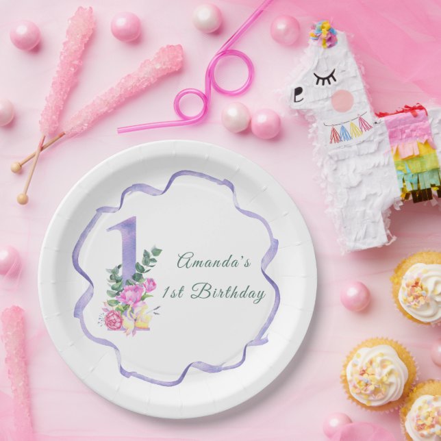 Assiettes En Carton Fleurs et ruban Fête du premier anniversaire (Fête)