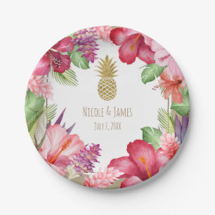Assiettes En Carton Fleurs Exotiques Tropicales & Élégant Ananas Doré