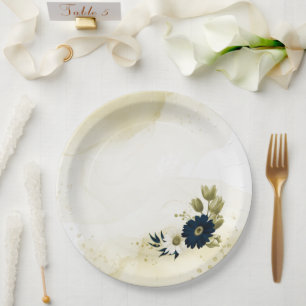 Assiettes En Carton fleurs Extraordinaires en ivoire bleu marine