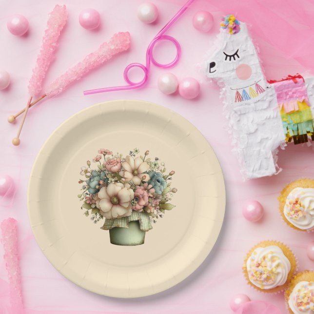 Assiettes En Carton Fleurs Fantaisistes dans un Pot de Fleurs Mignon (Fête)