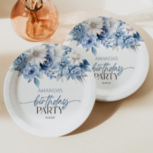 Assiettes En Carton Fleurs florales bleu Dusty Fête d'anniversaire