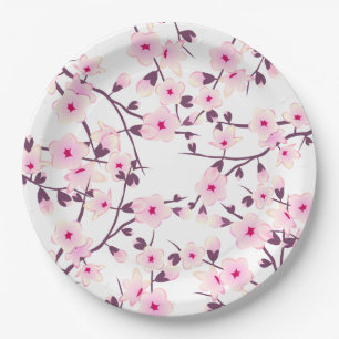 Assiettes En Carton Fleurs florales de cerisier rose blanc