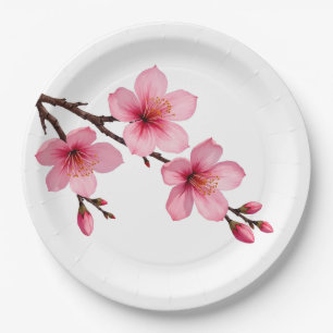 Assiettes En Carton Fleurs florales de cerisier rose blanc