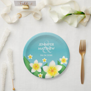Assiettes En Carton Fleurs Frangipani Blanches Sur Mariage Tropical Bl