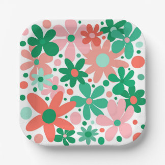 Assiettes En Carton Fleurs funky en vert, pêche et corail