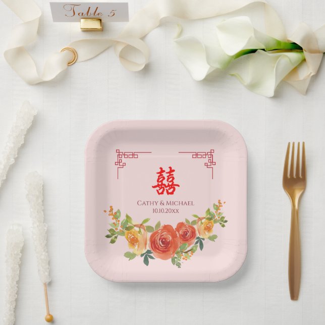 Assiettes En Carton Fleurs jaunes orange mariage chinois (Mariage)