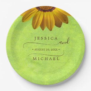 Assiettes En Carton Fleurs jaunes sur Mariage vert Abstrait