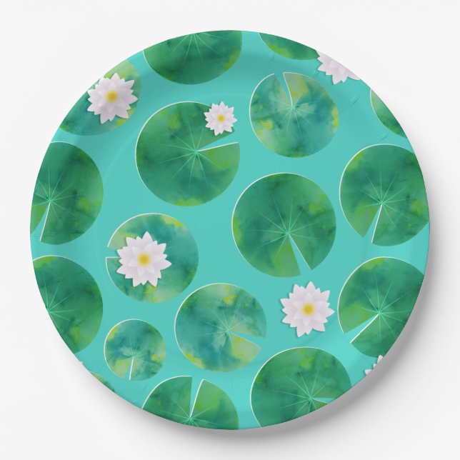 Assiettes En Carton Fleurs Lys d'Eau Blanche & Motif Lily Pad (Devant)