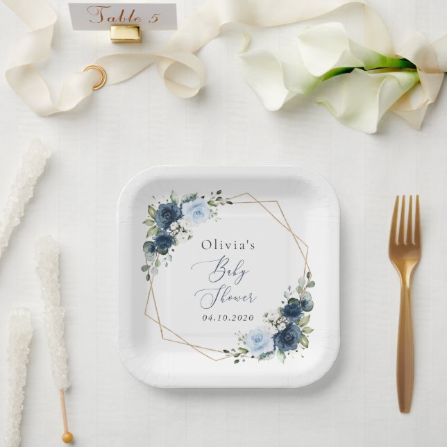 Assiettes En Carton Fleurs marines, Fleurs bleues, Verdure, Baby showe (Mariage)
