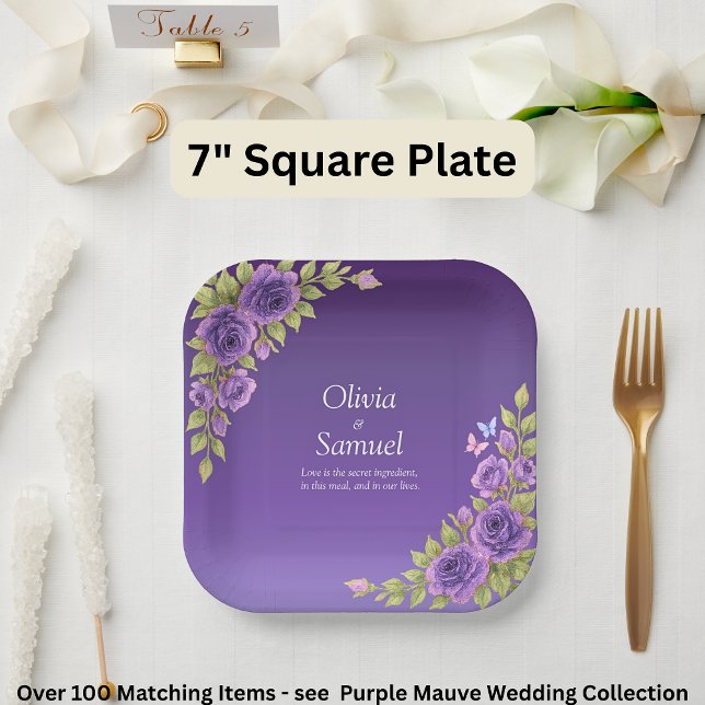 Assiettes En Carton Fleurs mauves violettes et Mariage blanc 7" Carré (Créateur téléchargé)